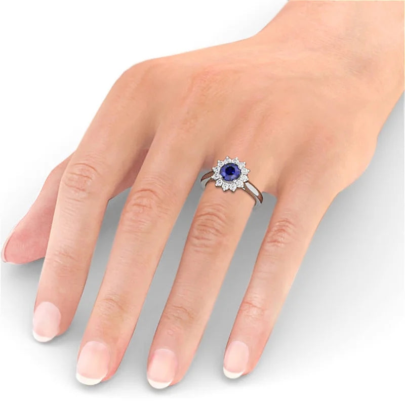 14K White Gold Blue Sapphire Diamond Engagement Ring Size 5.5 E375