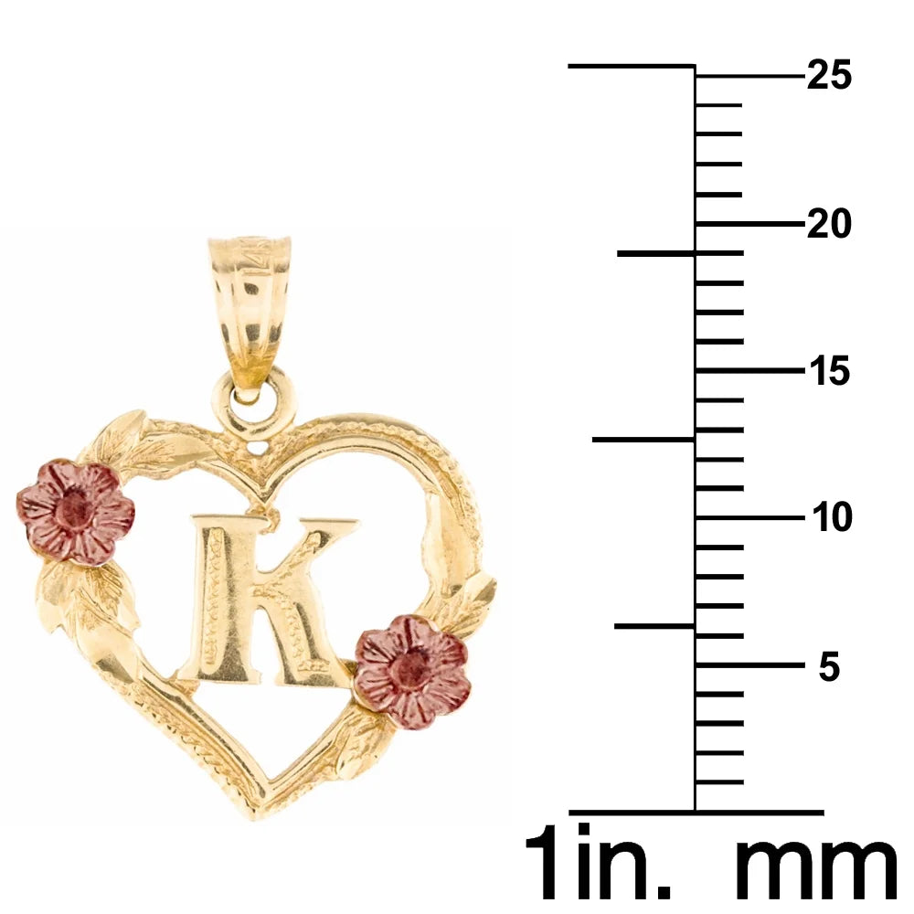 14K Two-Tone Gold Flower and Heart-Shaped Initial Pendant with 16" Chain Necklace B9117