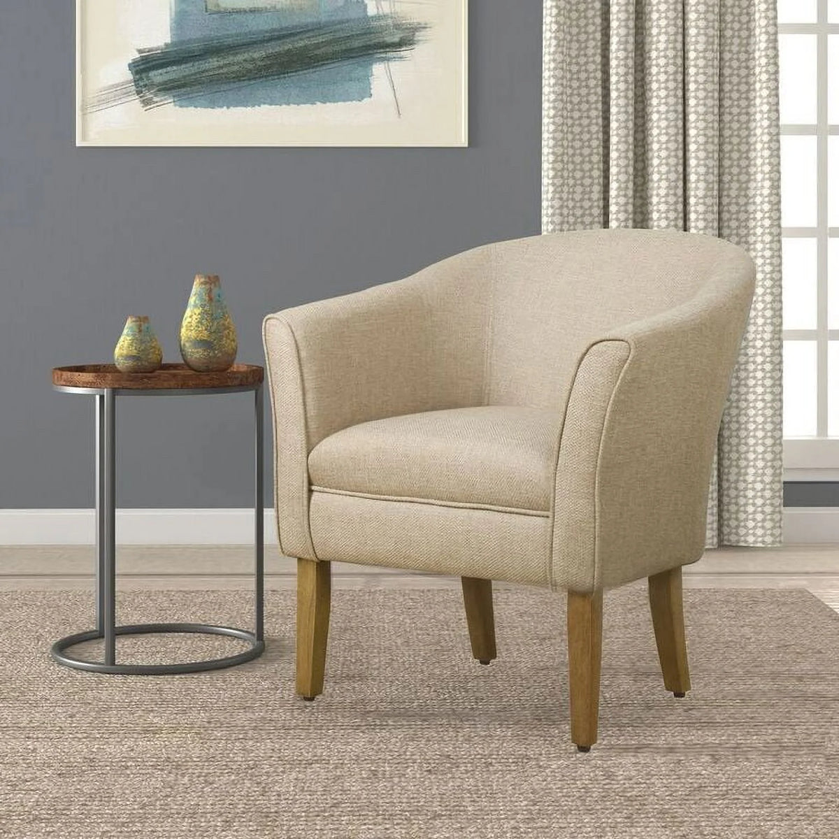 Cream and Brown Fabric Upholstered Wooden Accent Chair J320