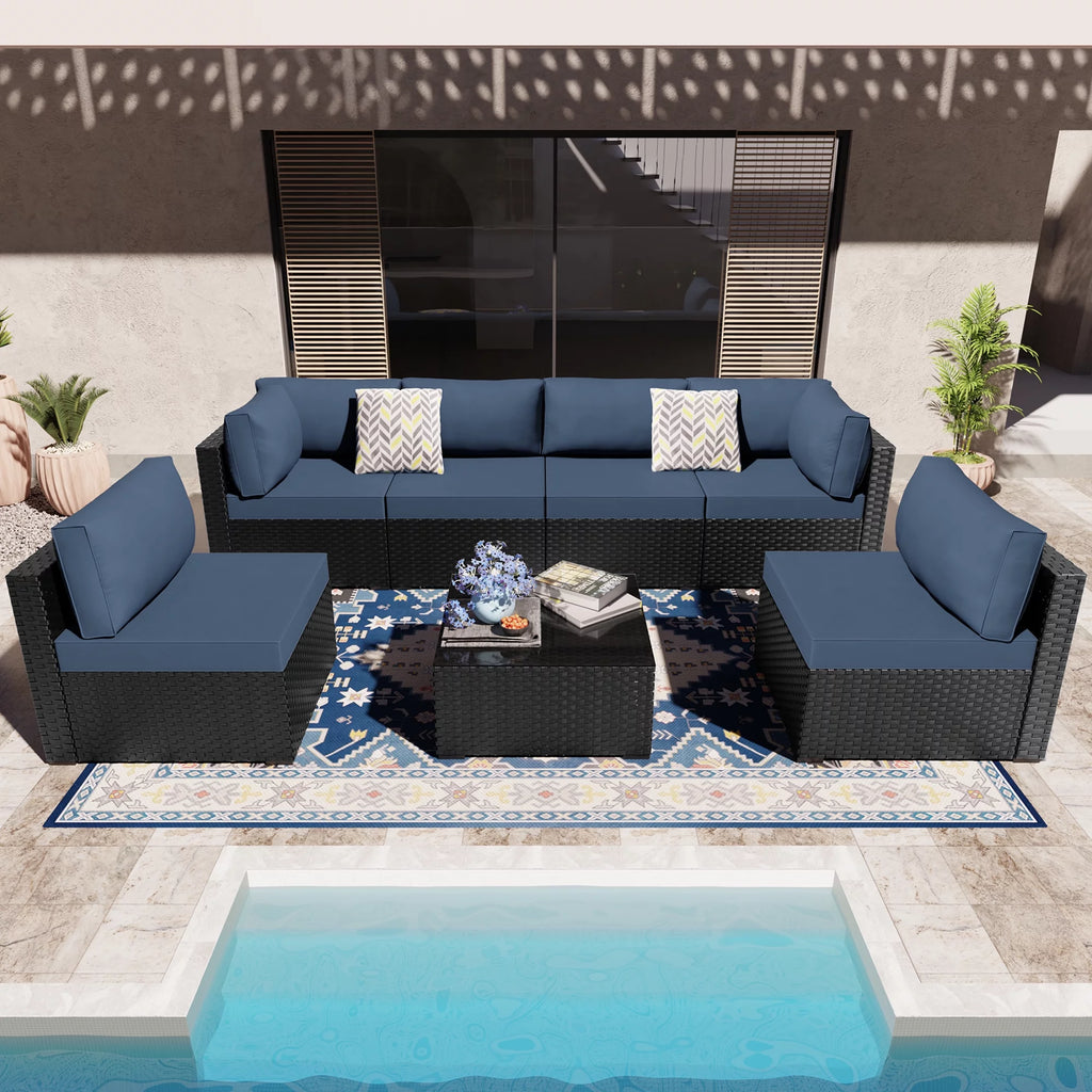 7 Pieces Black Wicker Outdoor Sectional Sofa Set with Tea Table and Cushions X15539