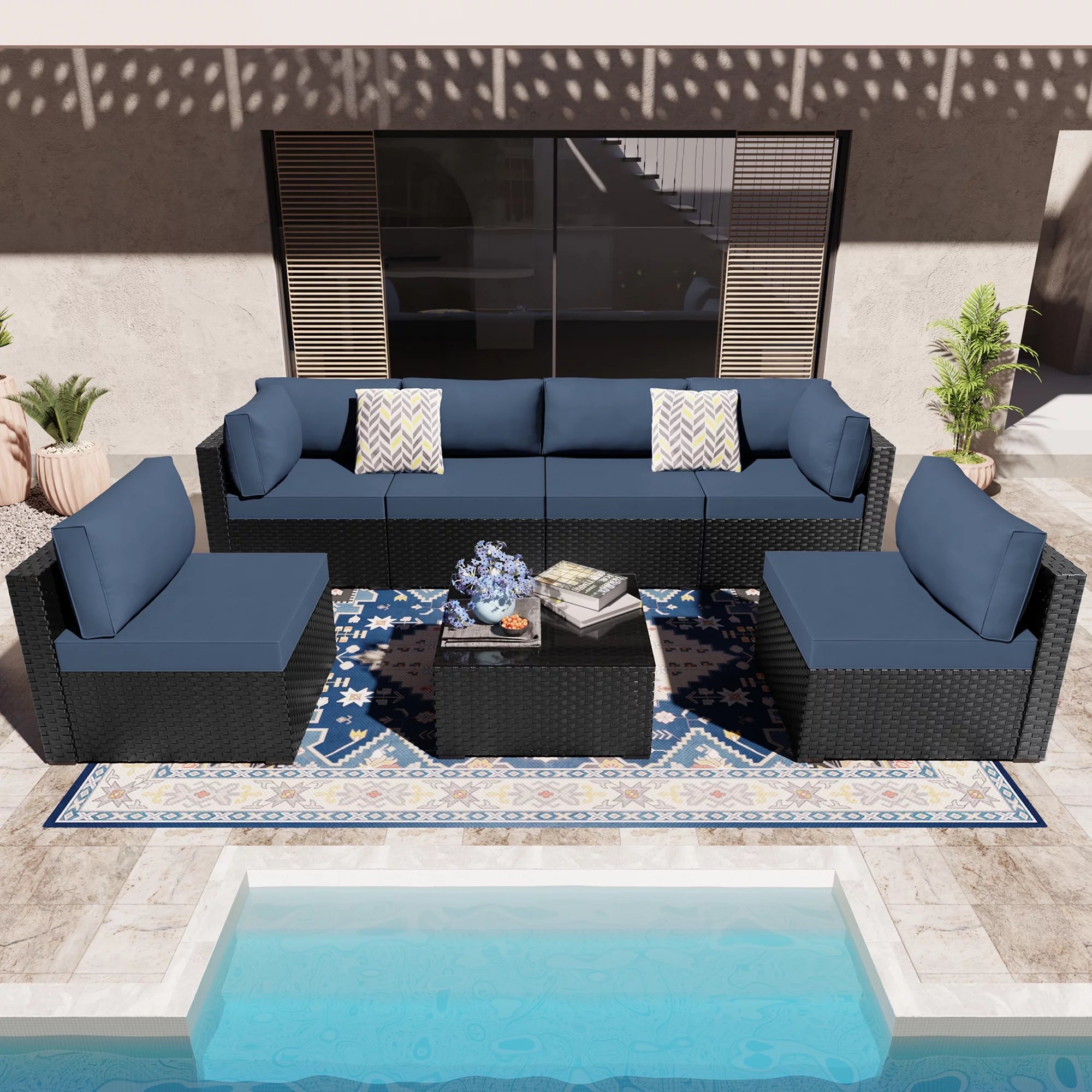 7 Pieces Black Wicker Outdoor Sectional Sofa Set with Tea Table and Cushions X15539