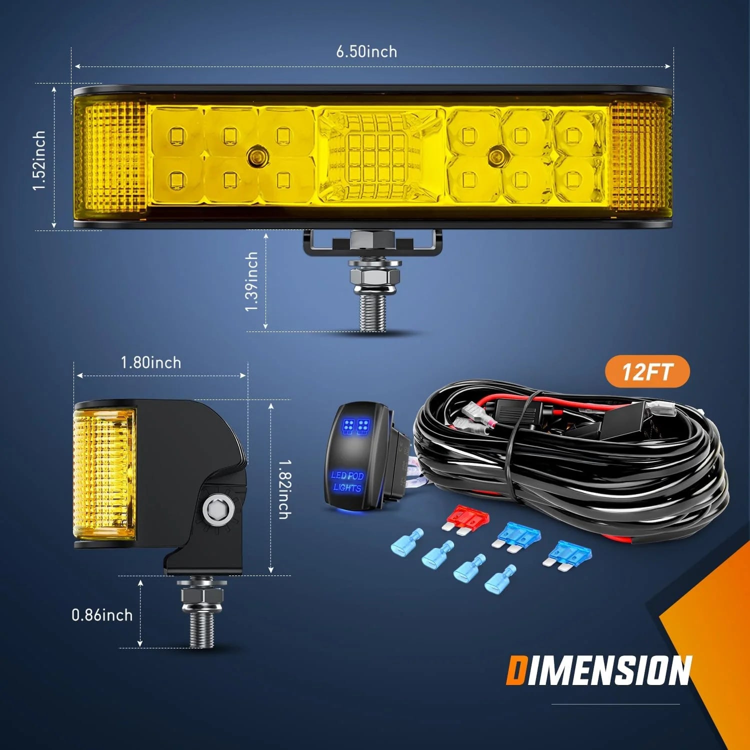 Amber LED Light Bar Pods 2PCS 6.5 Inch 60W Flood Spot Beam Combo Fog Driving Light Wiring Harness Kit A1524