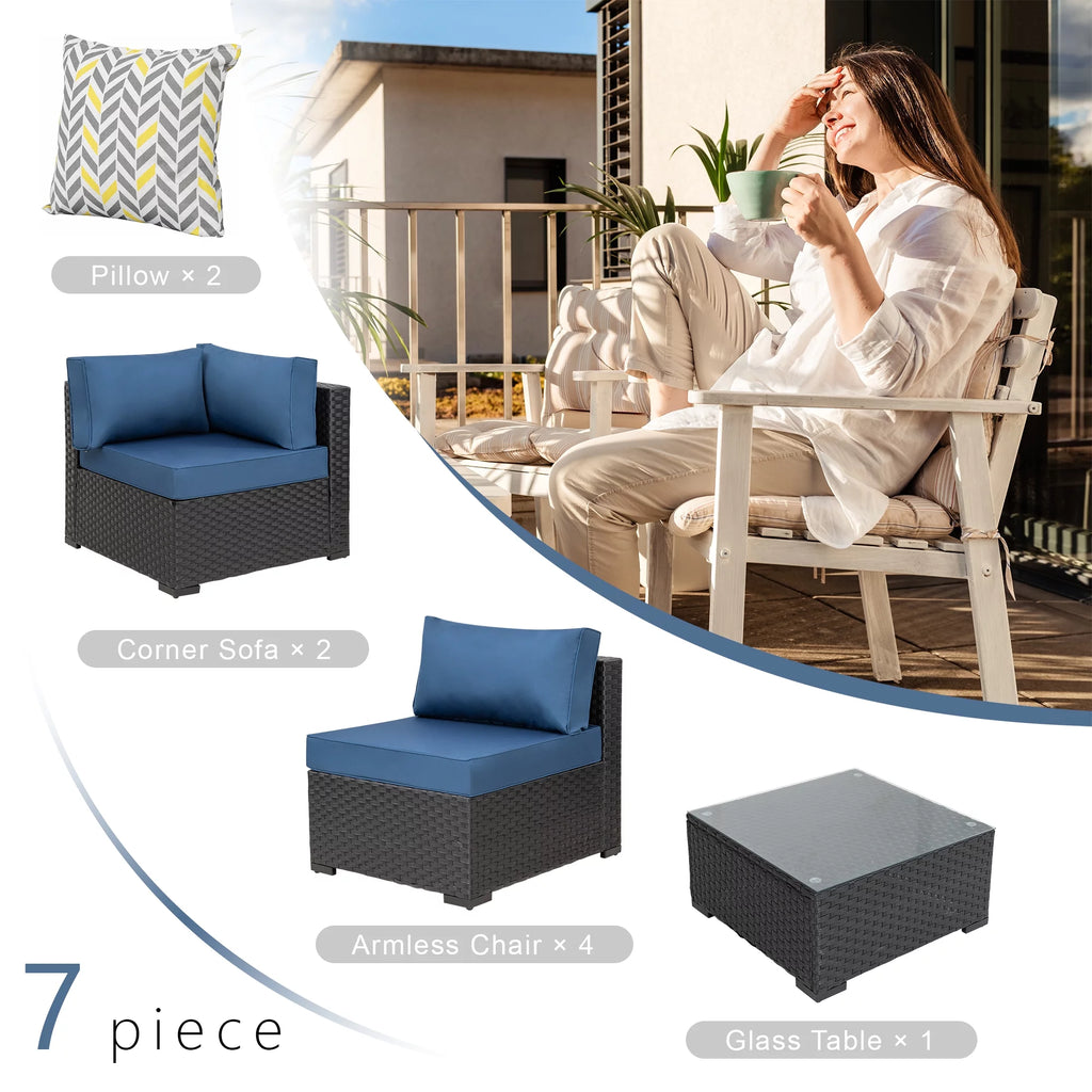 7 Pieces Black Wicker Outdoor Sectional Sofa Set with Tea Table and Cushions X15539