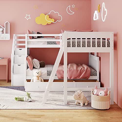 Twin over Full Triple Bunk Bed with Drawers and Stairway, L-Shaped Bunk Bed and Loft Bed Combo with Storage Compartment (Espresso) X42529