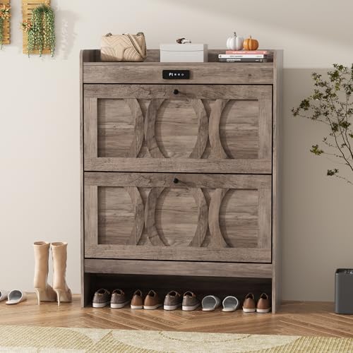 Rustic White Shoe Storage Cabinet with 2 Flip Drawers E75450