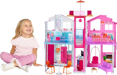 3-Story Townhouse Doll House Playset with 4 Rooms & Rooftop Lounge M934