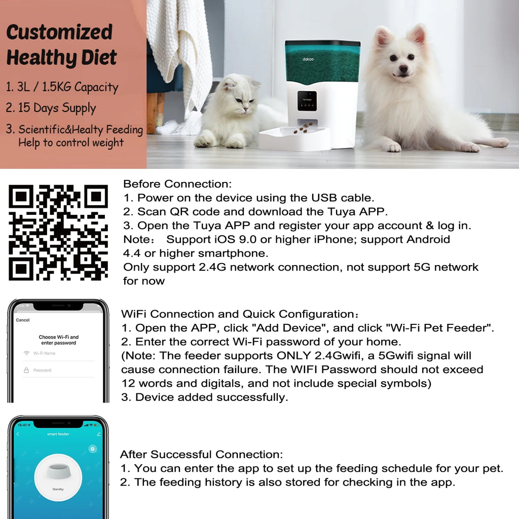 Large Capacity Smart Pet Feeder 3L Auto Dog Food Dispenser with Timer Setting Voice Recorder App Control H979