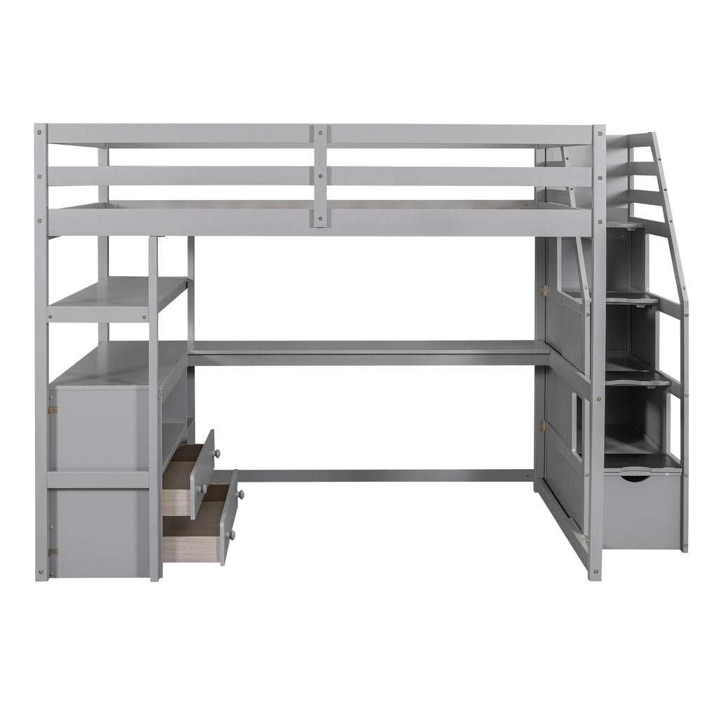 Full Wood Loft Bed with Desk, Storage Stairs, Two Drawers A529