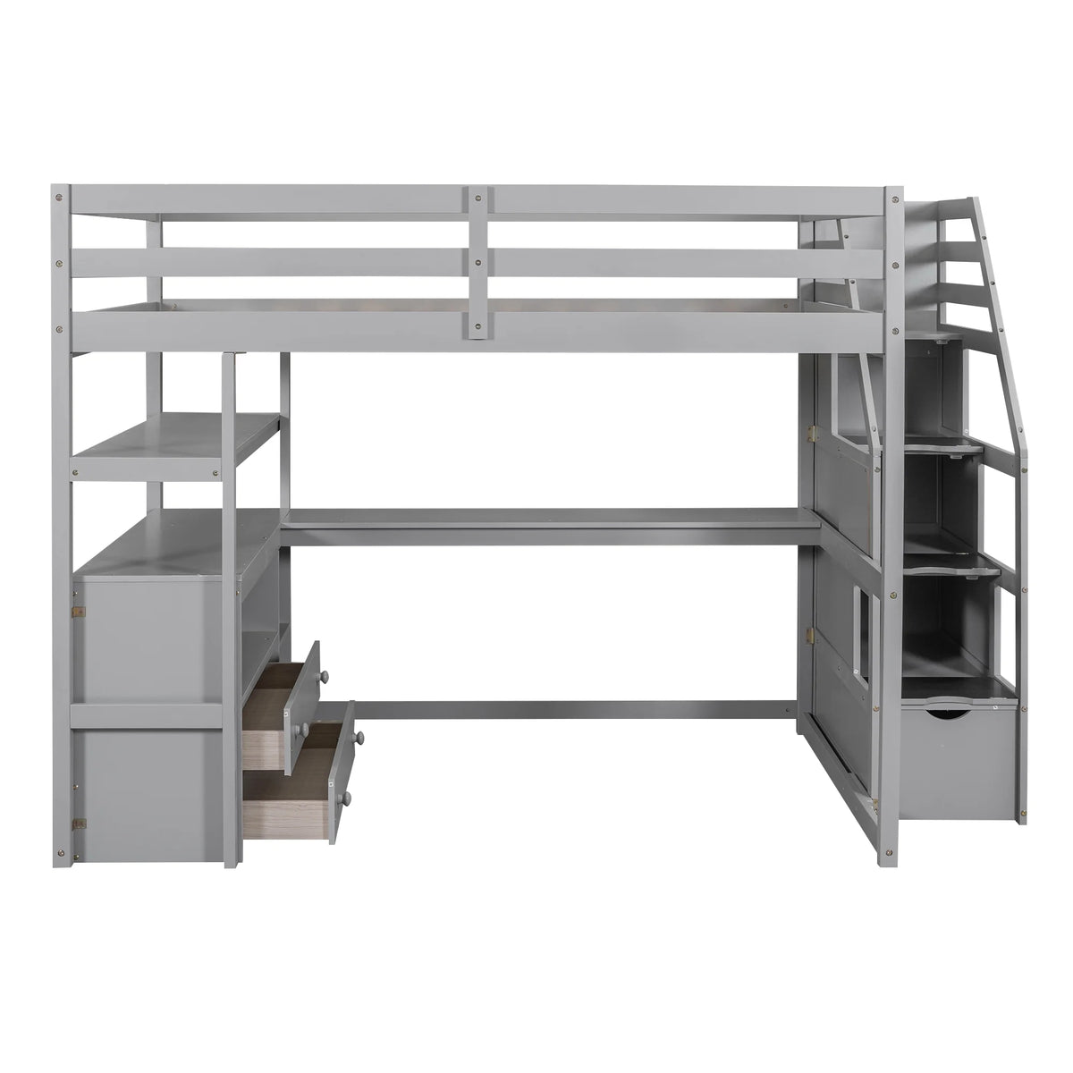 Full Wood Loft Bed with Desk, Storage Stairs, Two Drawers A529