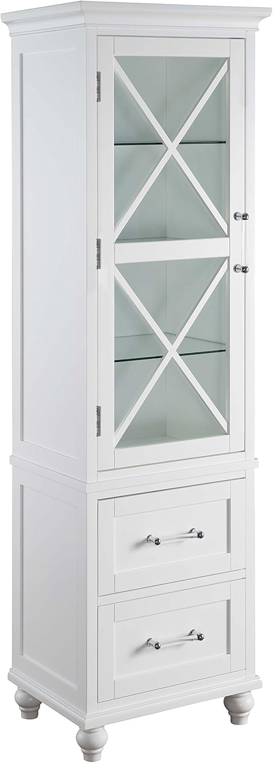 White Linen Tower Tall Narrow Storage Cabinet with 1 Door 3 Glass Tempered Shelves and 2 Drawers H82761