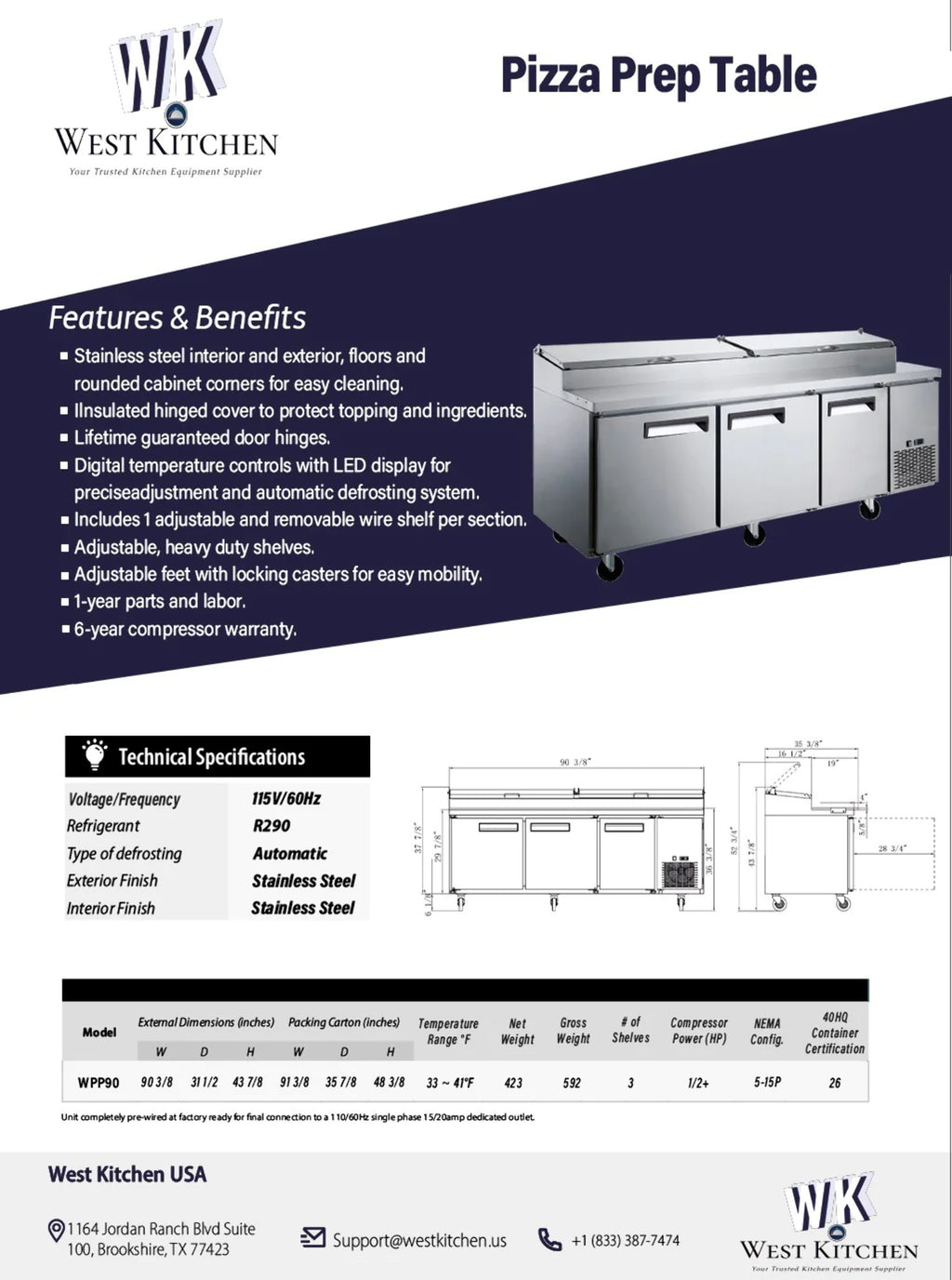 90 Refrigerated 3 Door Pizza Prep Table M44772