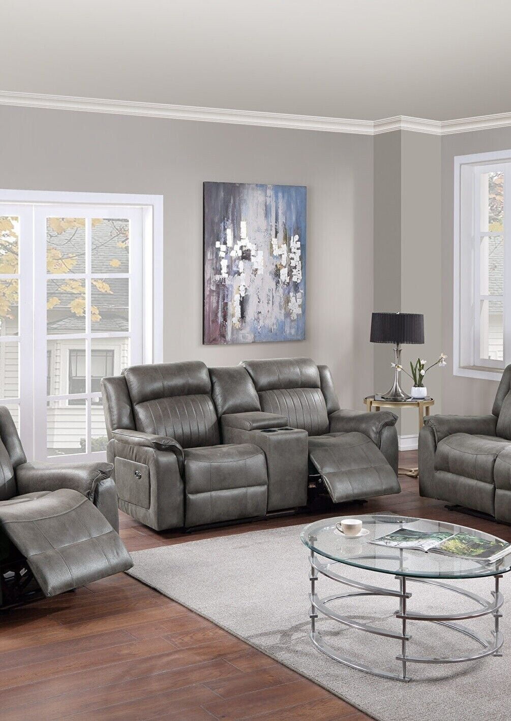 Slate Blue Leatherette Motion Loveseat with Console Reclining V9352