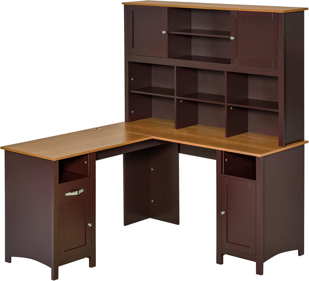 Coffee Brown L-Shaped Computer Desk with Storage Shelves F8108