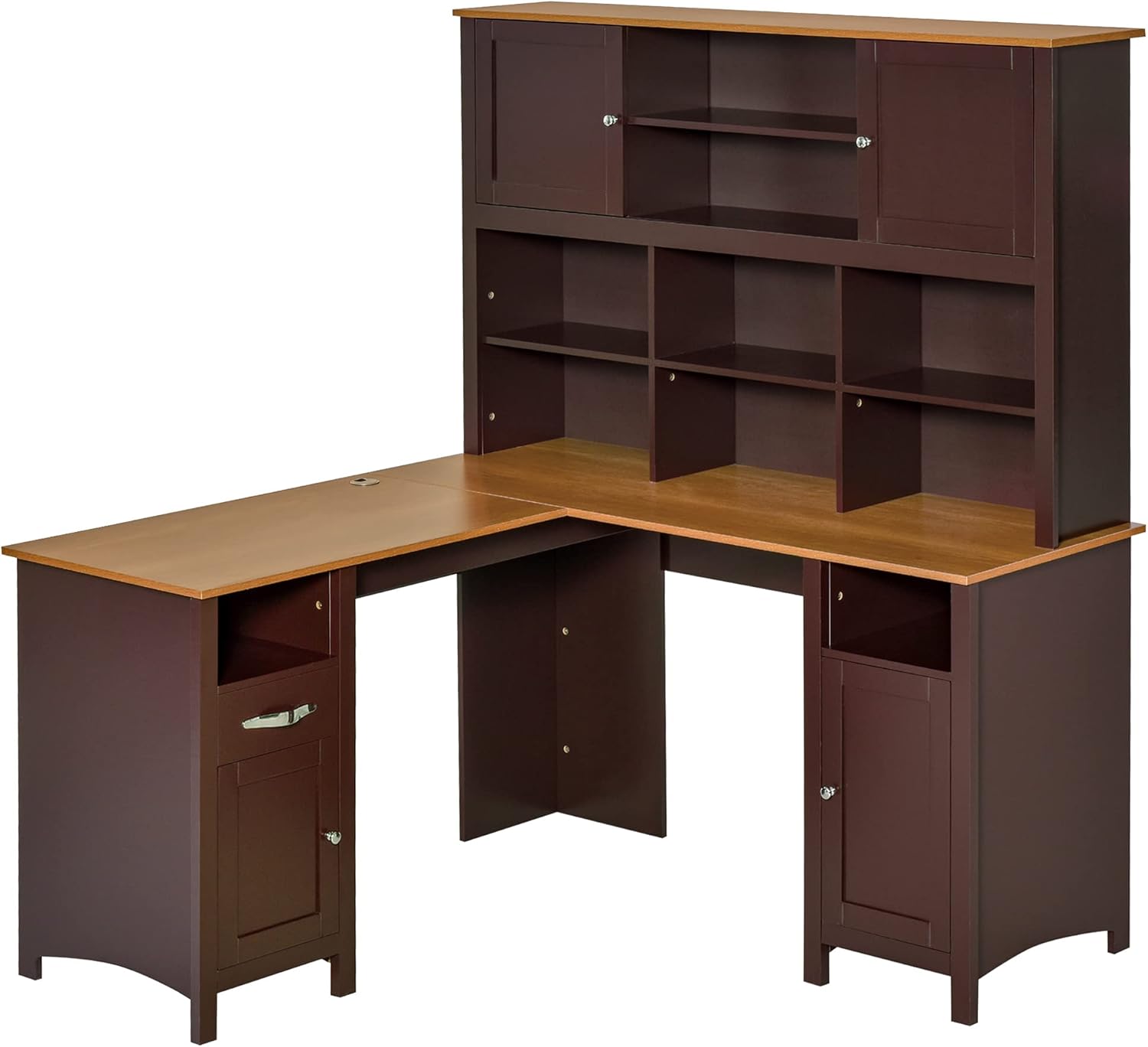 Coffee Brown L-Shaped Computer Desk with Storage Shelves F8108