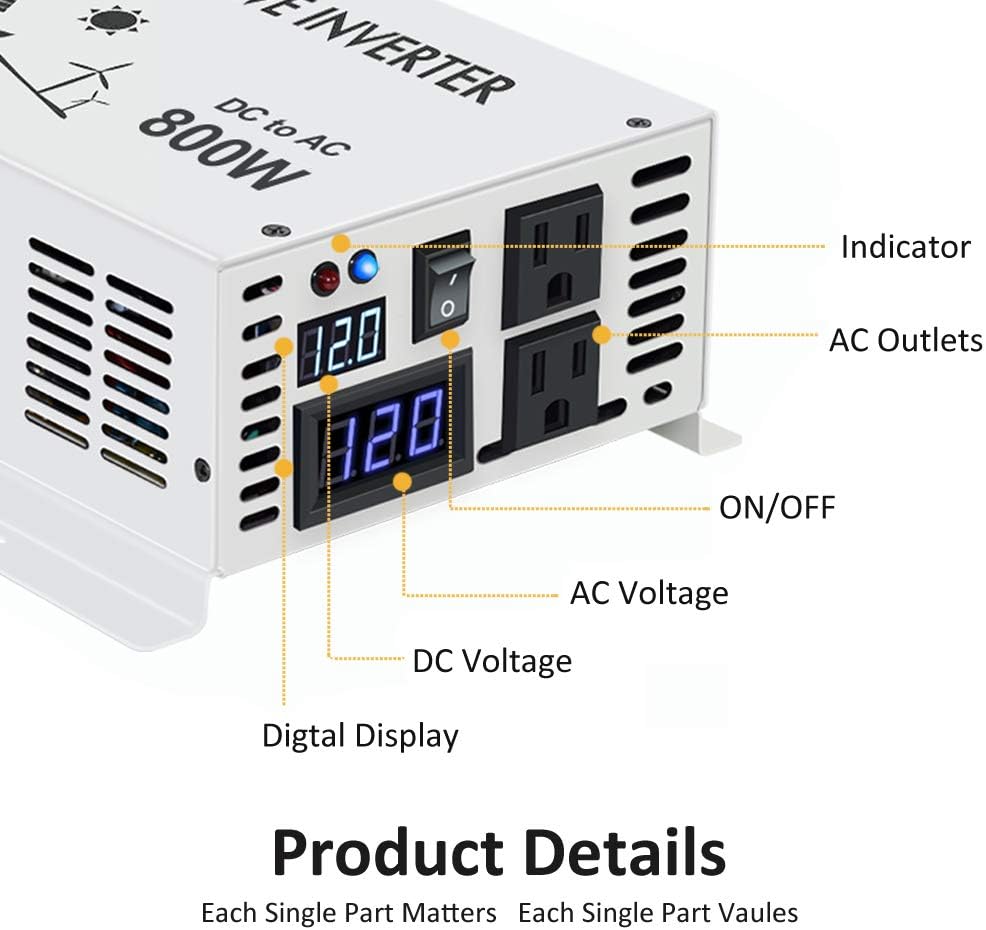 800w 12v 120v DC AC Power Inverter Converter Pure Sine Wave Q796968