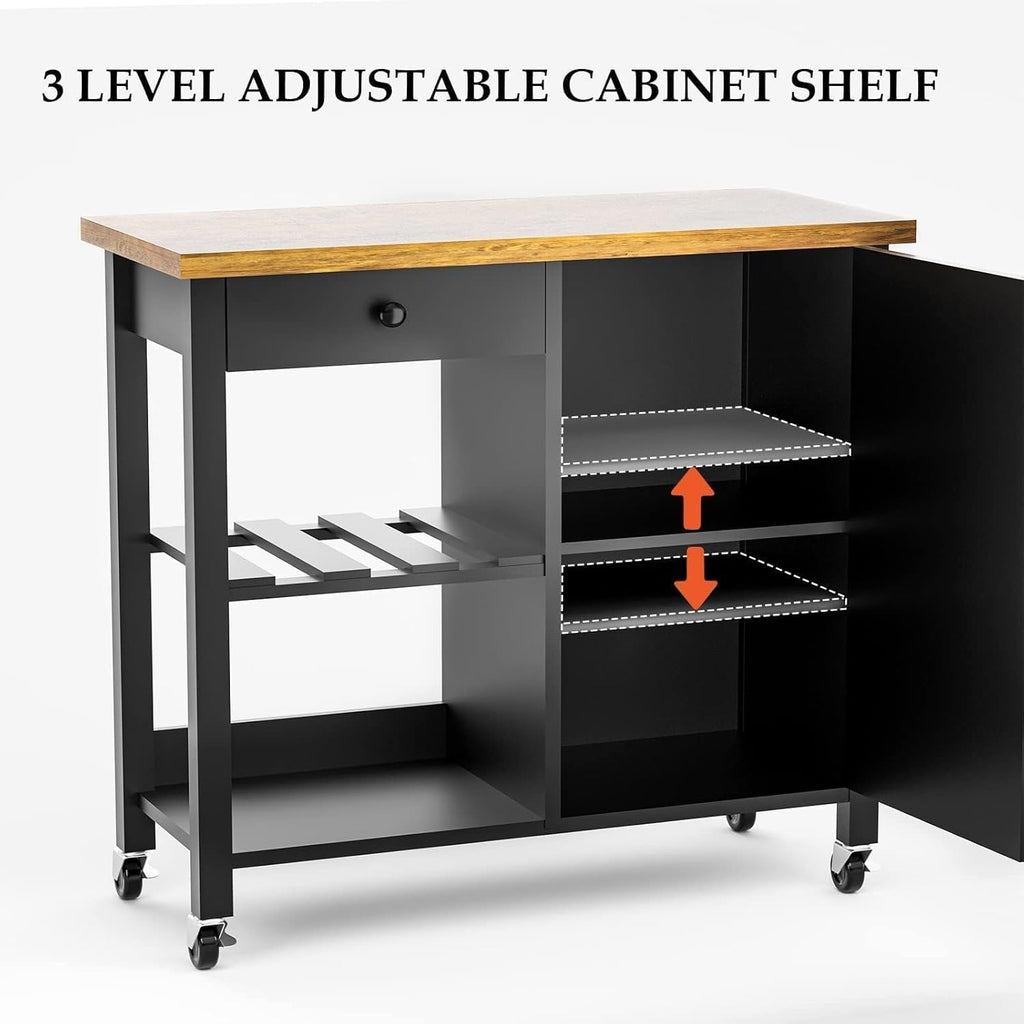Black Wood Coffee Bar Cart with Storage Cabinet and Adjustable Shelves X5660