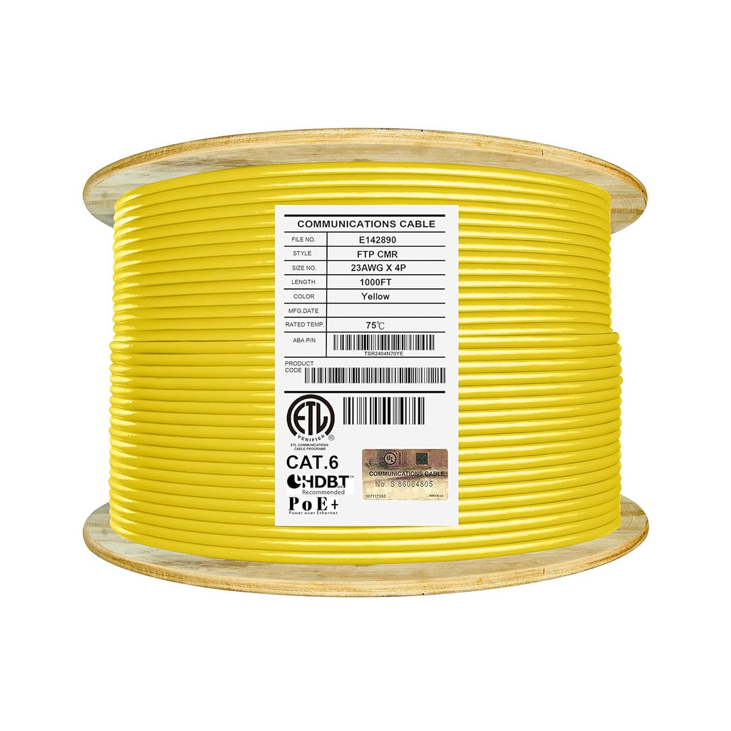 Cat6 Shielded Riser 1000ft F/UTP 23AWG Solid Bare Copper Bulk Ethernet Cable Reel Yellow I514