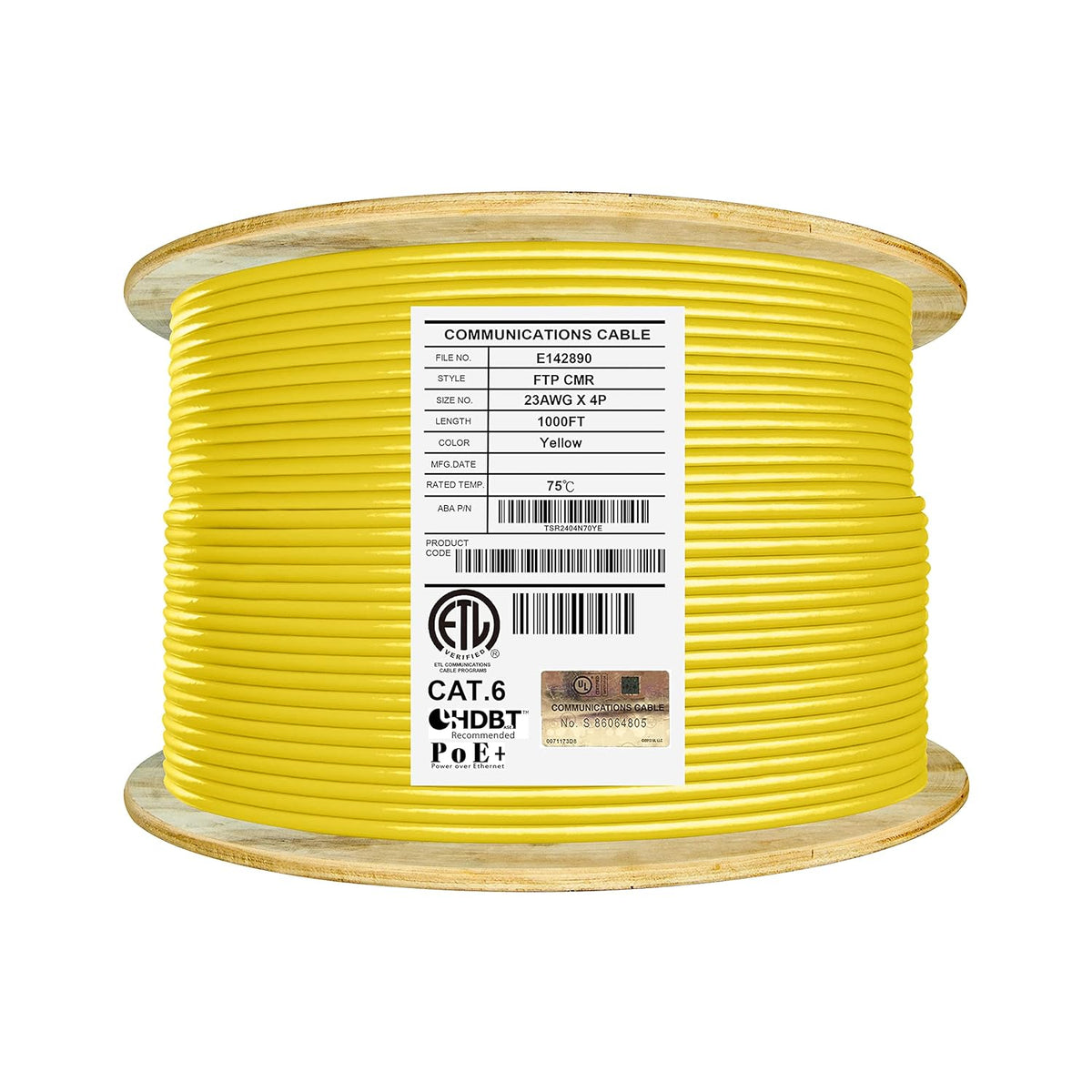 Cat6 Shielded Riser 1000ft F/UTP 23AWG Solid Bare Copper Bulk Ethernet Cable Reel Yellow I514