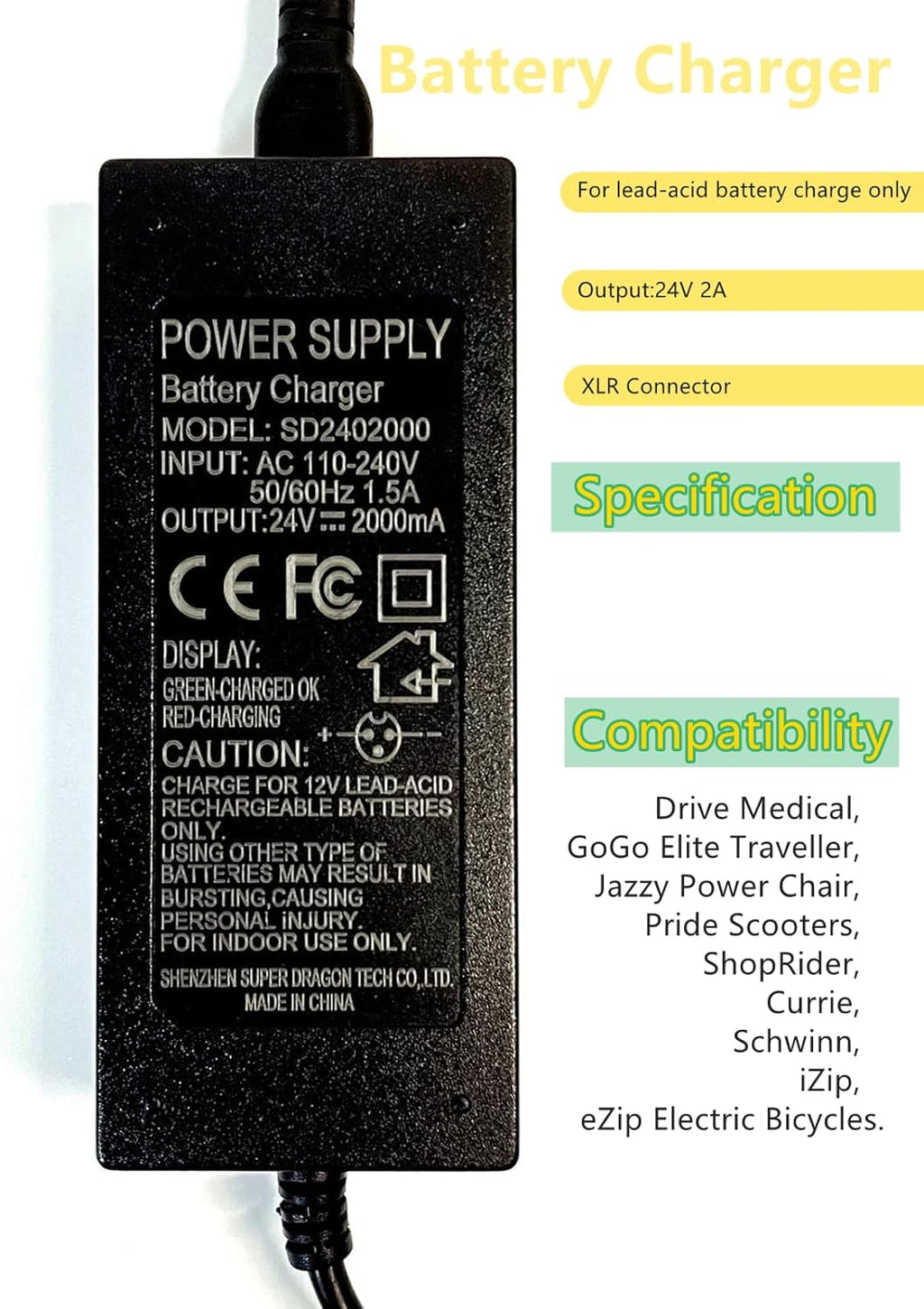 24V 2A Battery Charger with 3-Pin XLR Connector B986