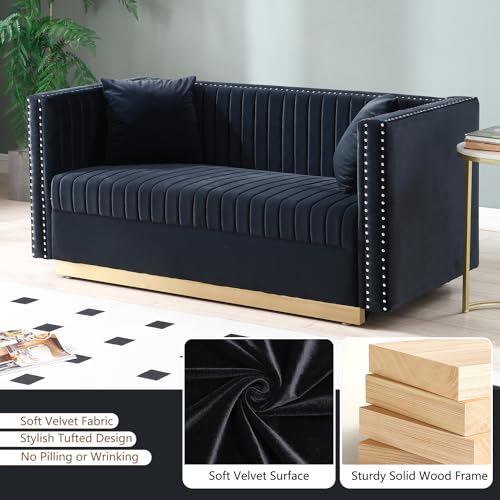 Black Velvet 3 Seater Sofa with Gold Metal Legs X706980