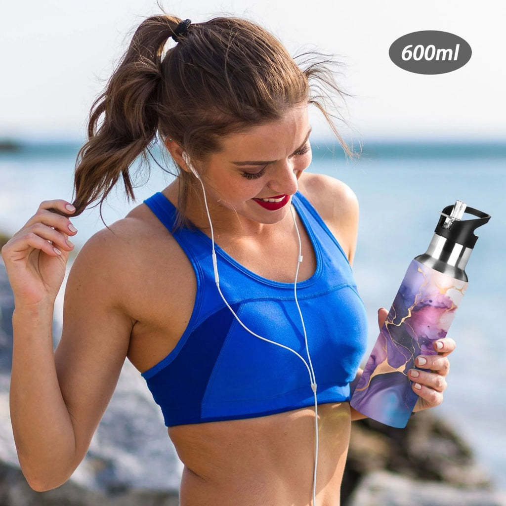 Purple and Blue Marble Stainless Steel Insulated Water Bottle with Straw Lid W88376