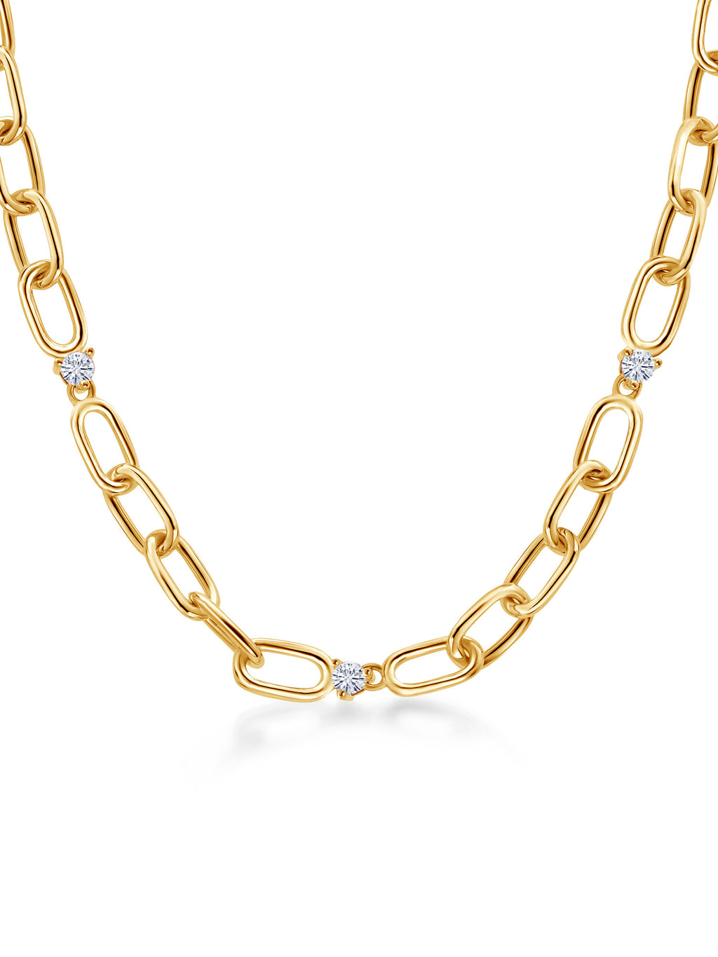 18K Yellow Gold Plated Silver Paperclip Chain Necklace Round Moissanite T6818