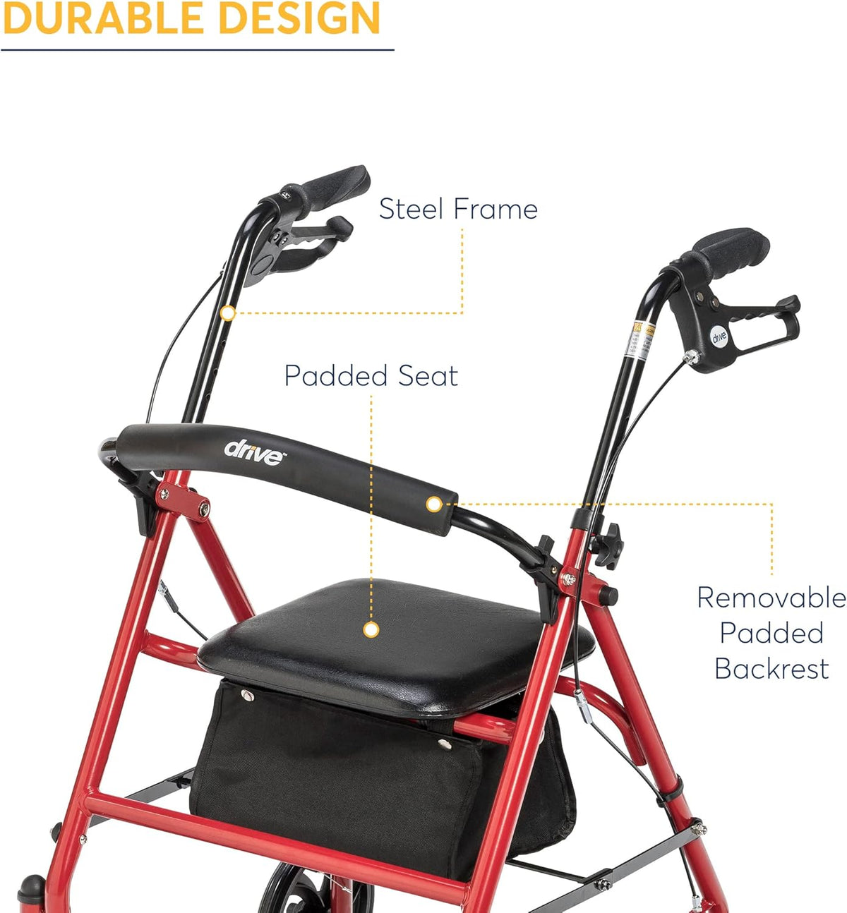 4 Wheel Rollator Walker with Seat, Steel Rolling Walker, Height Adjustable Folding Steel Bedside Commode Chair, Portable Toilet W527864