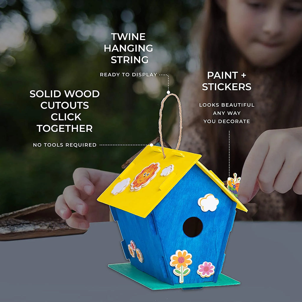 12 Wooden Birdhouse Crafts for Kids with Paint Strips, Paintbrushes & Stickers A99802