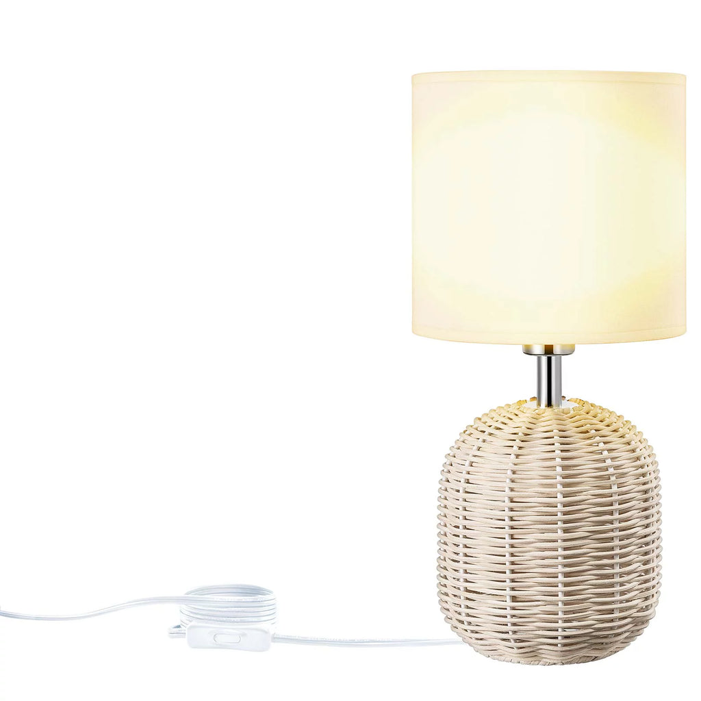 Weave Rattan Base White Fabric Drum Shade Table Lamp D8354