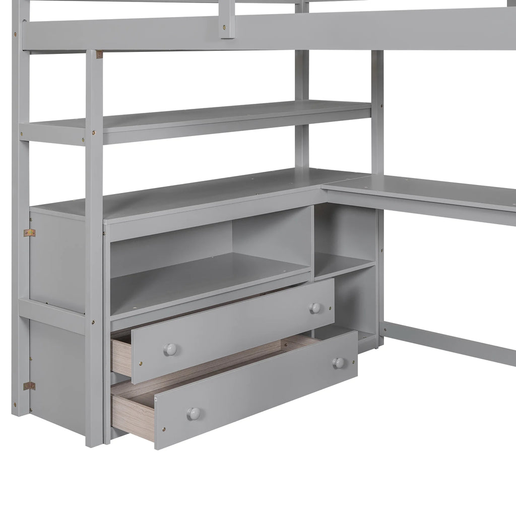 Full Wood Loft Bed with Desk, Storage Stairs, Two Drawers A529