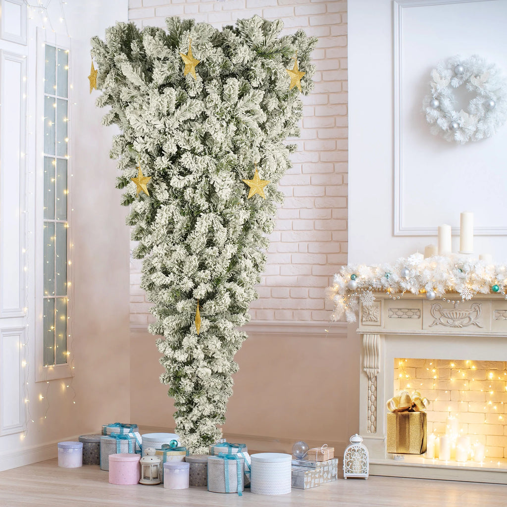 Pre-lit 6FT Hinged Snow Flocked Artificial Christmas Tree with 360 LED Lights and 8 Golden Stars S36271