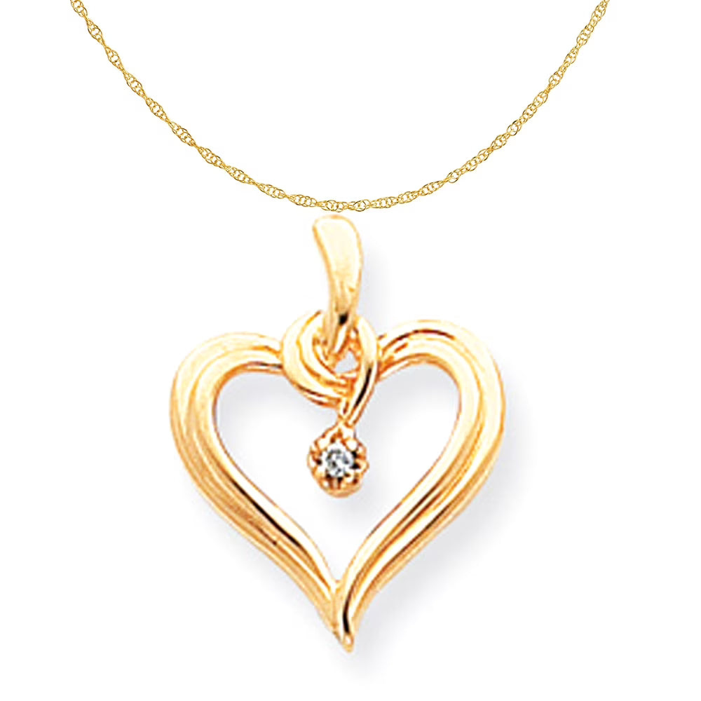 14K Yellow Gold Diamond Heart Pendant Charm with 10K Yellow Gold Rope Chain Necklace 18'' B744