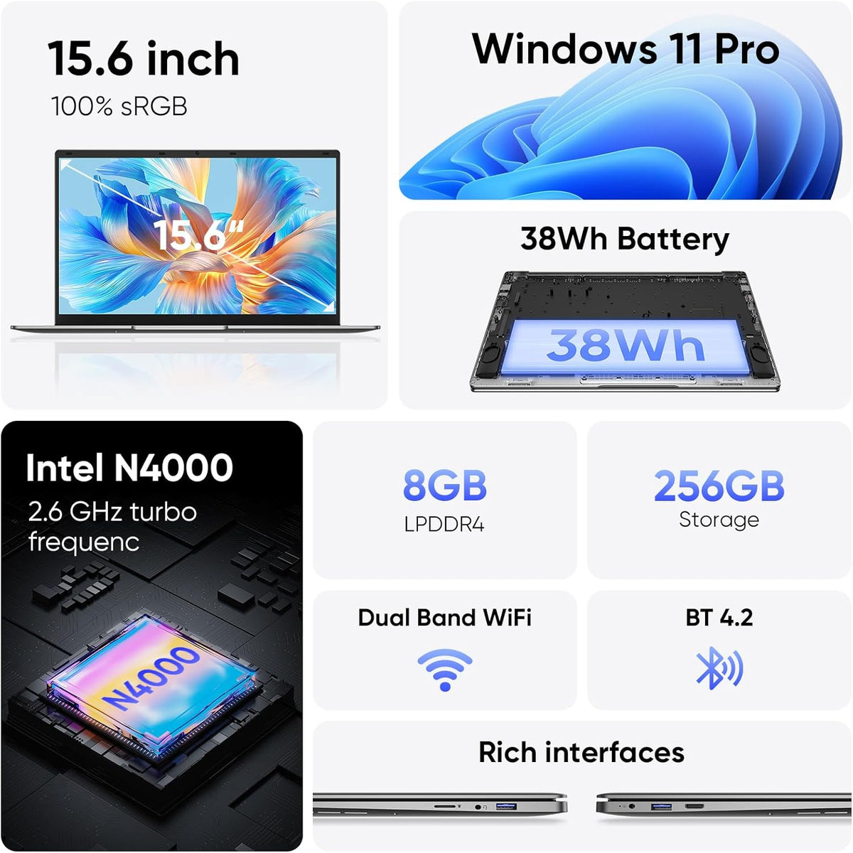 15.6" Windows 11 Pro Laptop, 8GB RAM 256GB Storage, Intel Celeron N4000, Silver V325346