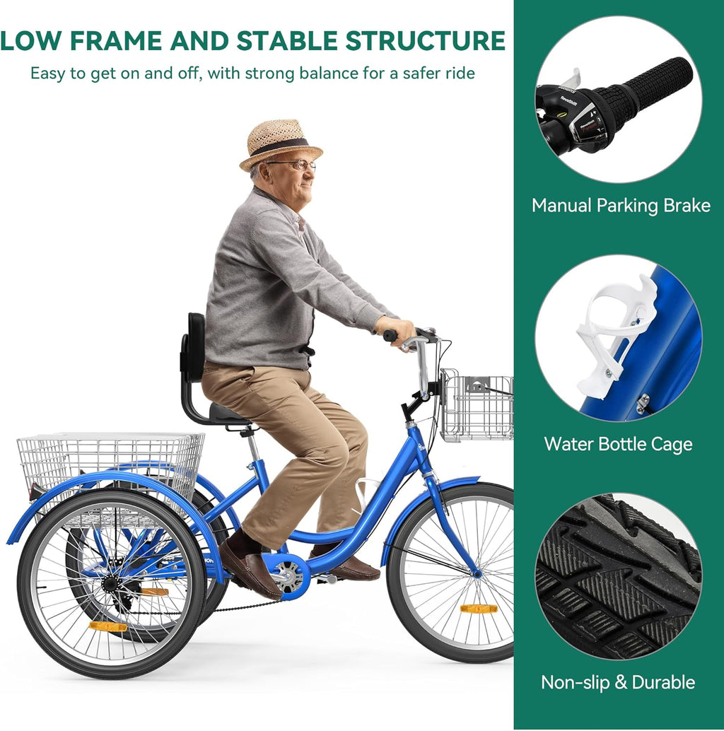 Blue 26 Inch 7 Speed 3 Wheel Tricycle with Removable Baskets B86566