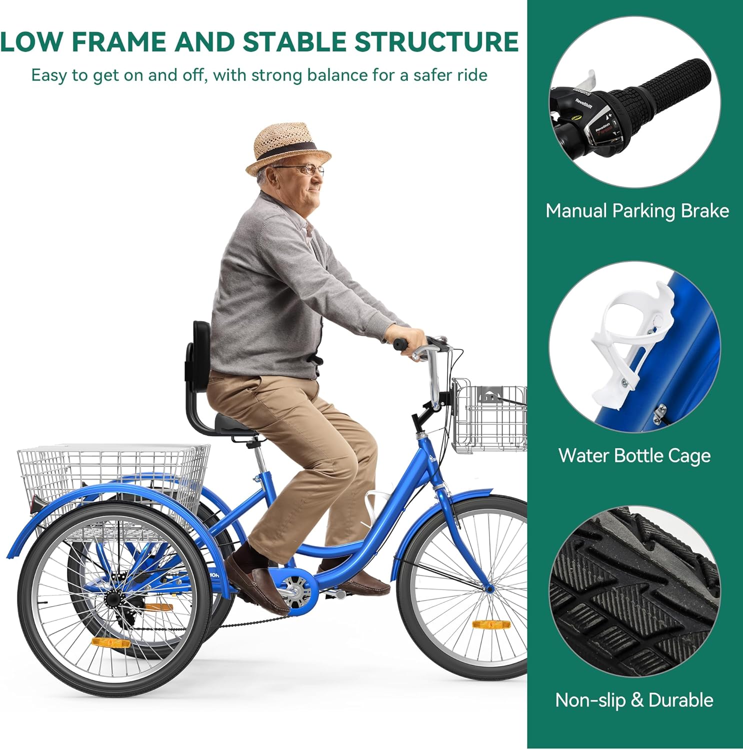 Blue 26 Inch 7 Speed 3 Wheel Tricycle with Removable Baskets B86566