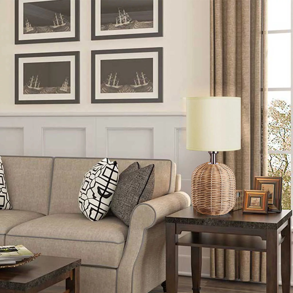 Weave Rattan Base White Fabric Drum Shade Table Lamp D8354