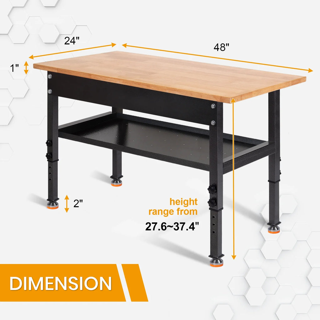 48" Adjustable Heavy-Duty Workbench with Rubber Wood Top C508