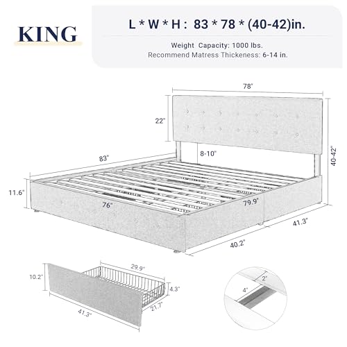Light Grey Queen Size Platform Bed Frame with 4 Storage Drawers P82166