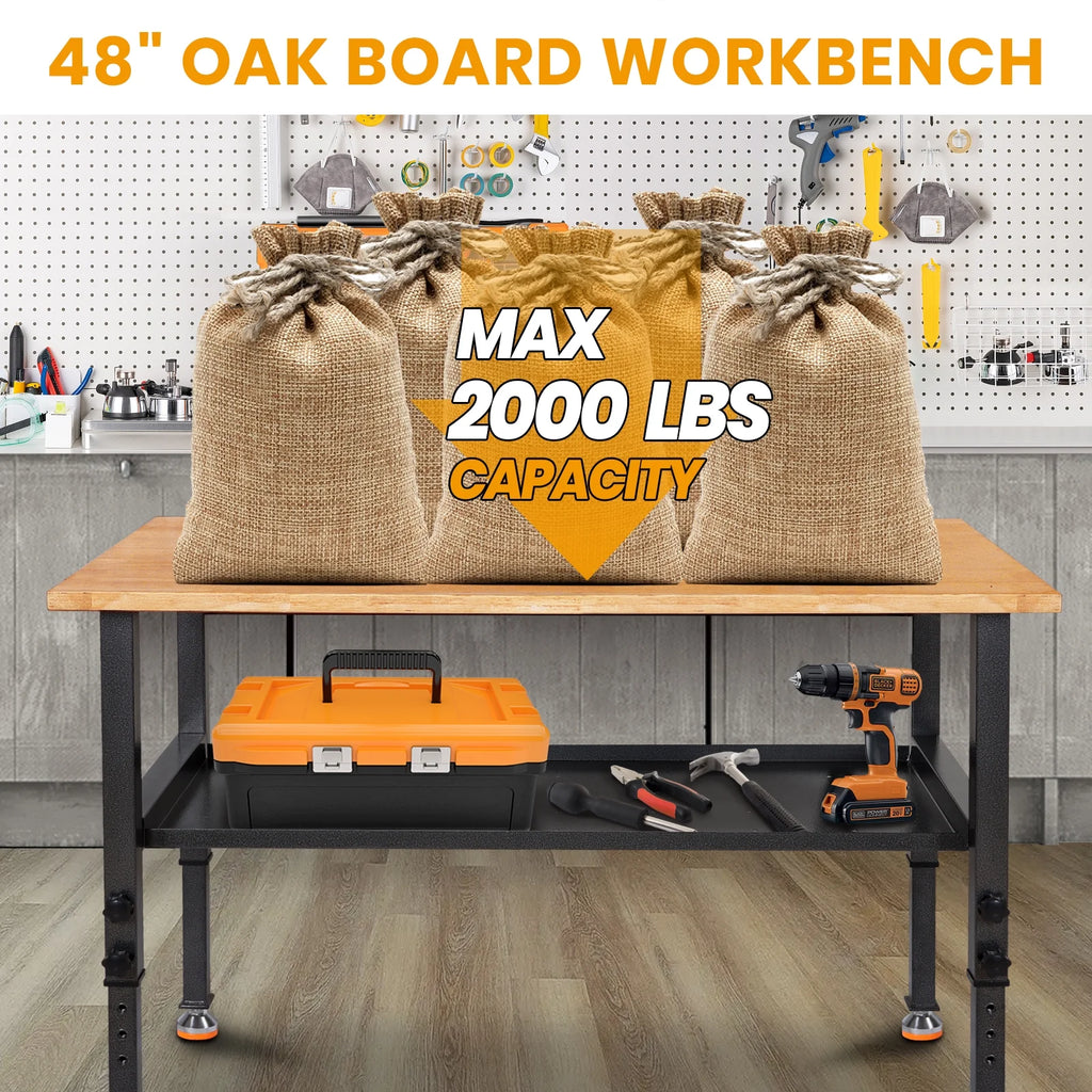 48" Adjustable Heavy-Duty Workbench with Rubber Wood Top C508