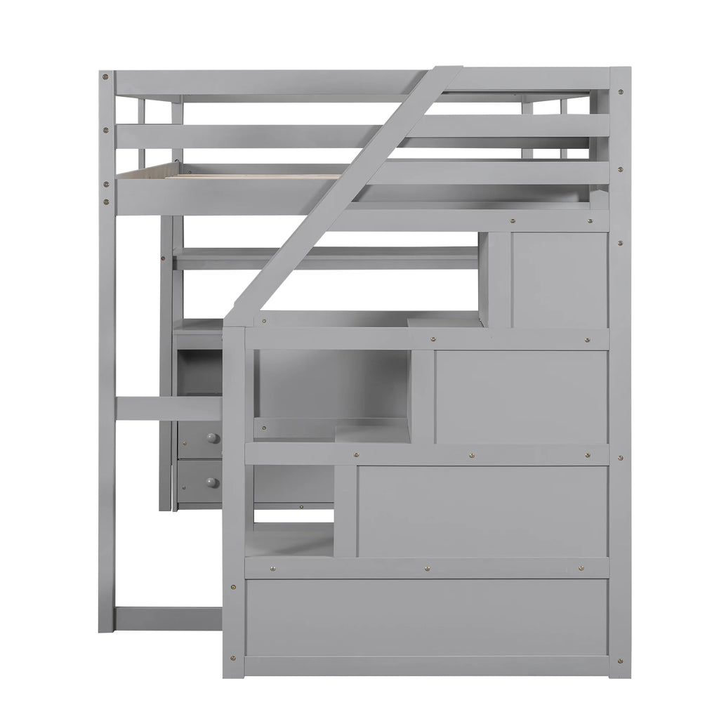 Full Wood Loft Bed with Desk, Storage Stairs, Two Drawers A529