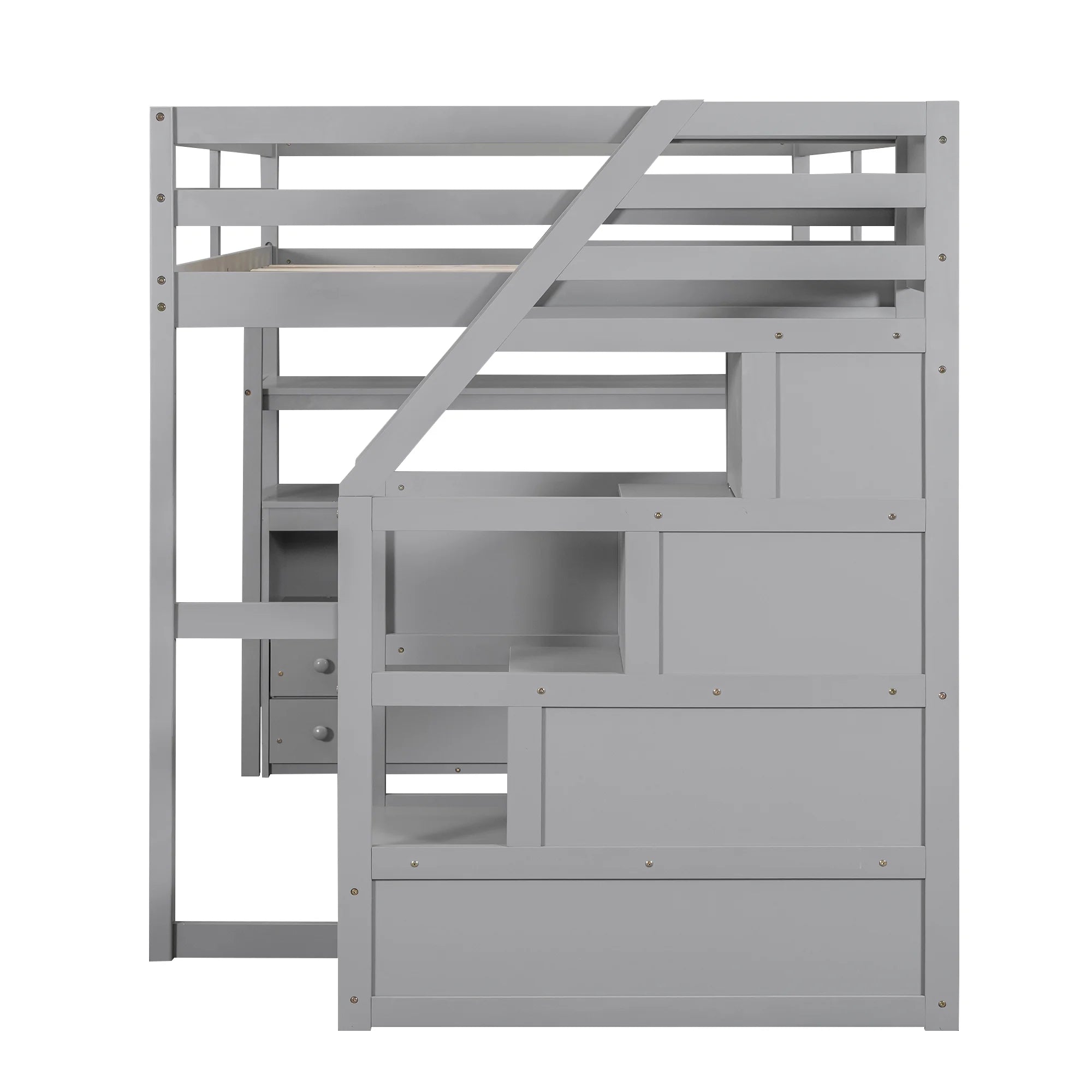 Full Wood Loft Bed with Desk, Storage Stairs, Two Drawers A529