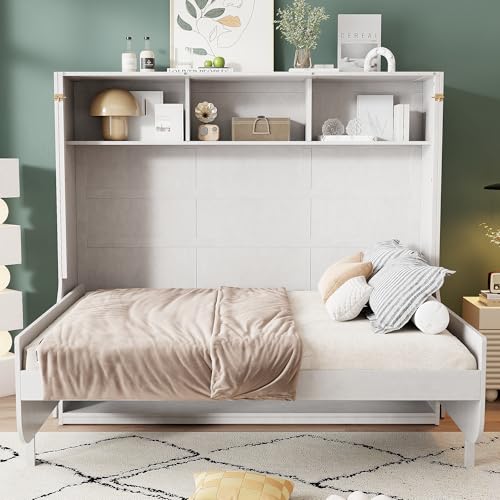 Antique White Solid Wood Full Size Murphy Bed with Desk and Storage Shelves I404