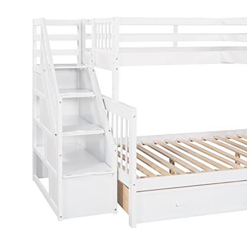 Twin over Full Triple Bunk Bed with Drawers and Stairway, L-Shaped Bunk Bed and Loft Bed Combo with Storage Compartment (Espresso) X42529