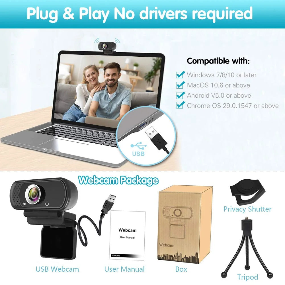 1080P Webcam with Microphone and Tripod Stand, Black A419185