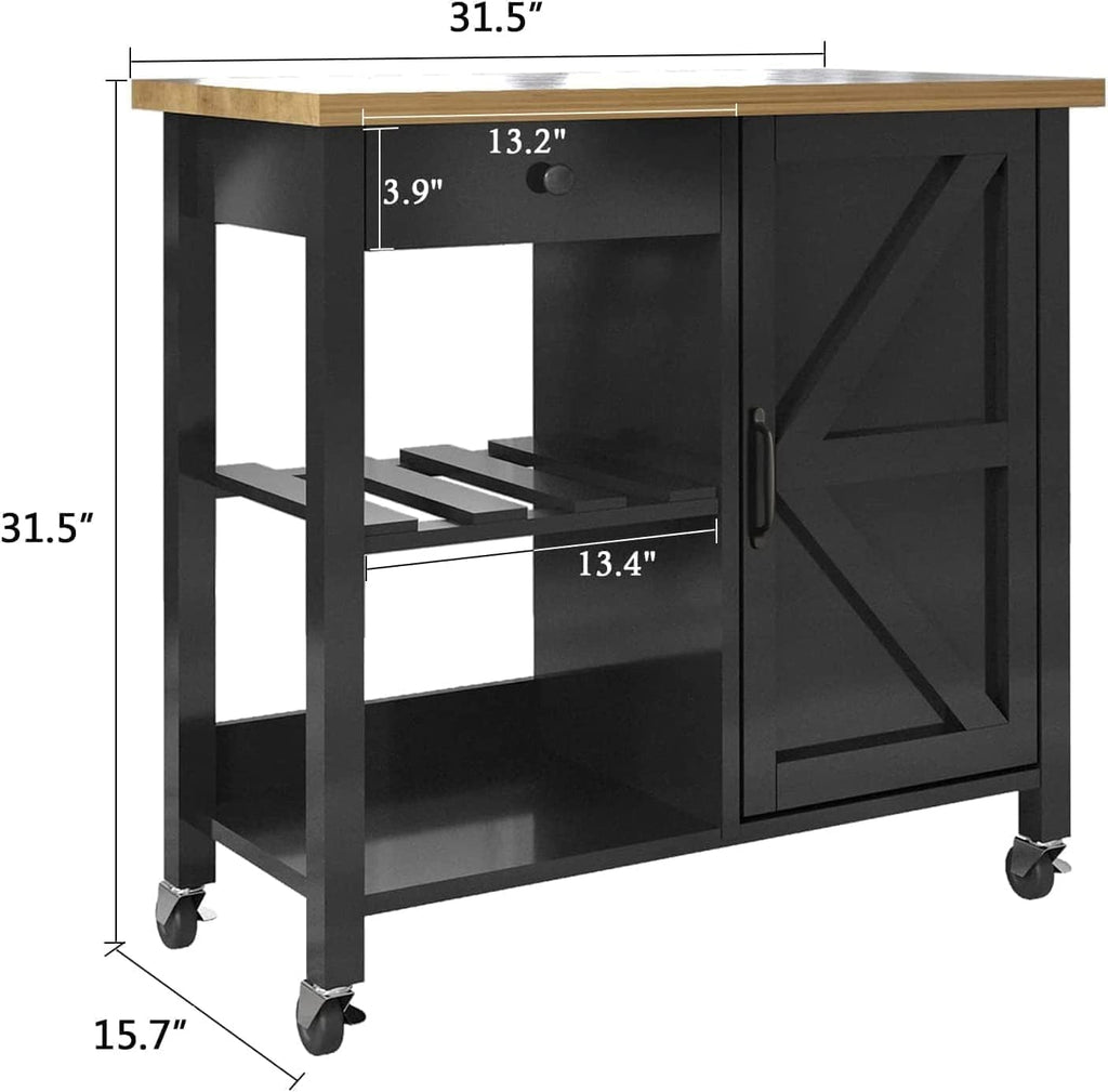 Black Wood Coffee Bar Cart with Storage Cabinet and Adjustable Shelves X5660