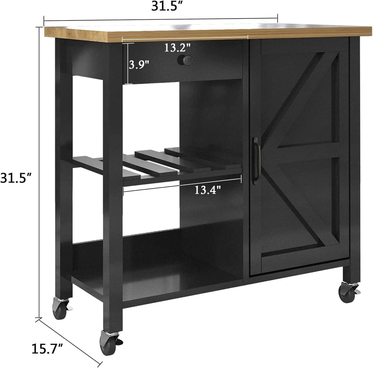 Black Wood Coffee Bar Cart with Storage Cabinet and Adjustable Shelves X5660