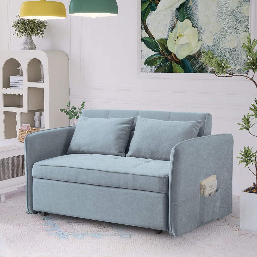 Bluish Grey Chenille Fabric Double Sofa Bed with Pull-Out Bed T6018