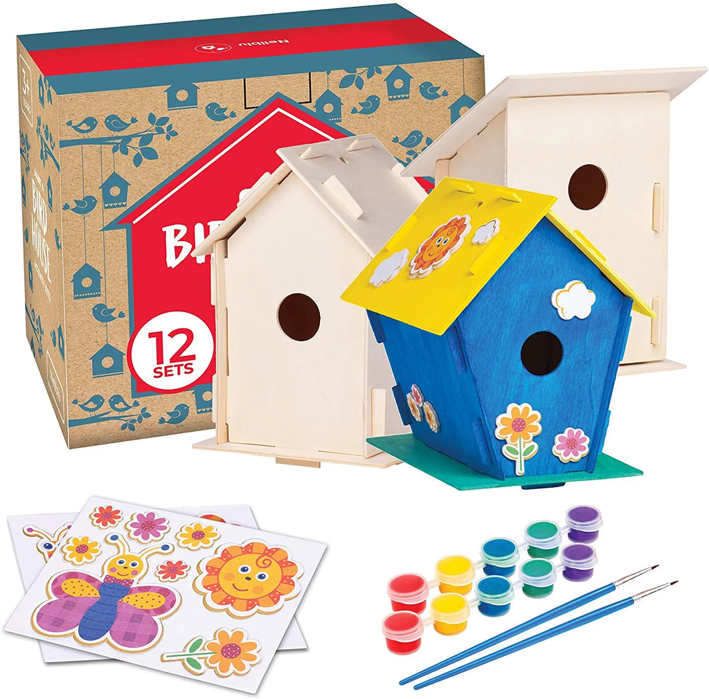 12 Wooden Birdhouse Crafts for Kids with Paint Strips, Paintbrushes & Stickers A99802