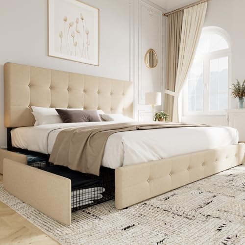 Light Grey Queen Size Platform Bed Frame with 4 Storage Drawers P82166
