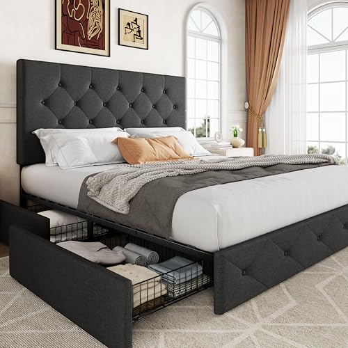 Light Grey Queen Size Platform Bed Frame with 4 Storage Drawers P82166